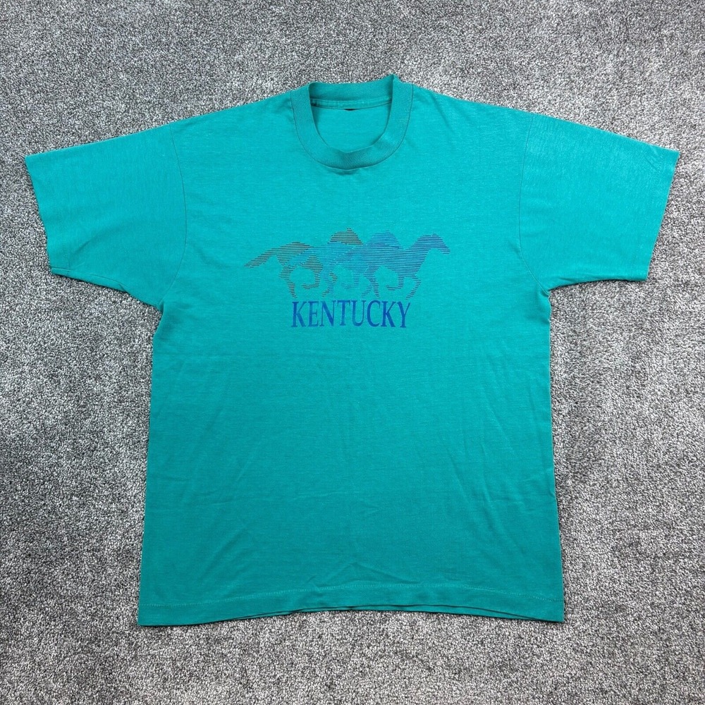 Vintage Kentucky Derby Shirt Mens‎ Large Teal Blue Horse Racing Riding Tourist